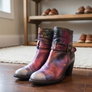 HANDCRAFTED Upcycled Leather Boots HANDPAINTED Size 9M Ankle Bootie Wearable Art